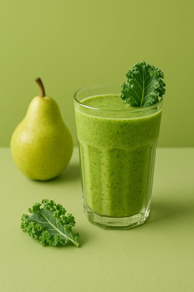 koktajl z gruszką i jarmużem w szklance na tle gruszkowej ścianki