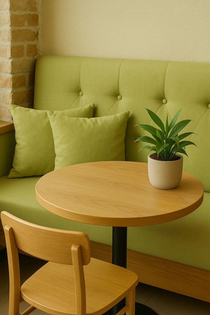 stolik w kawiarni z gruszkowymi poduszkami i zieloną rośliną