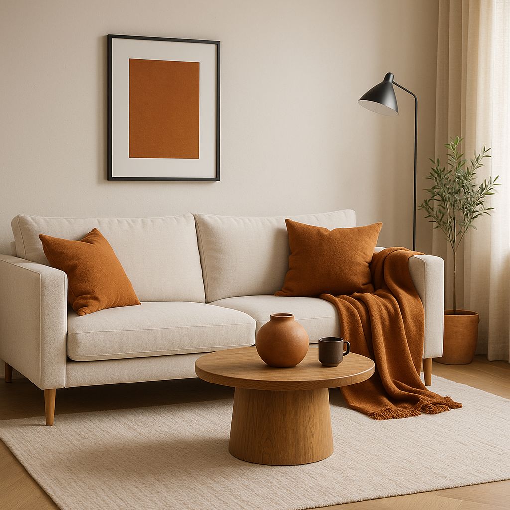 Kolor cynamonowy we wnętrzach - salon z cynamonowymi dodatkami na kremowej sofie