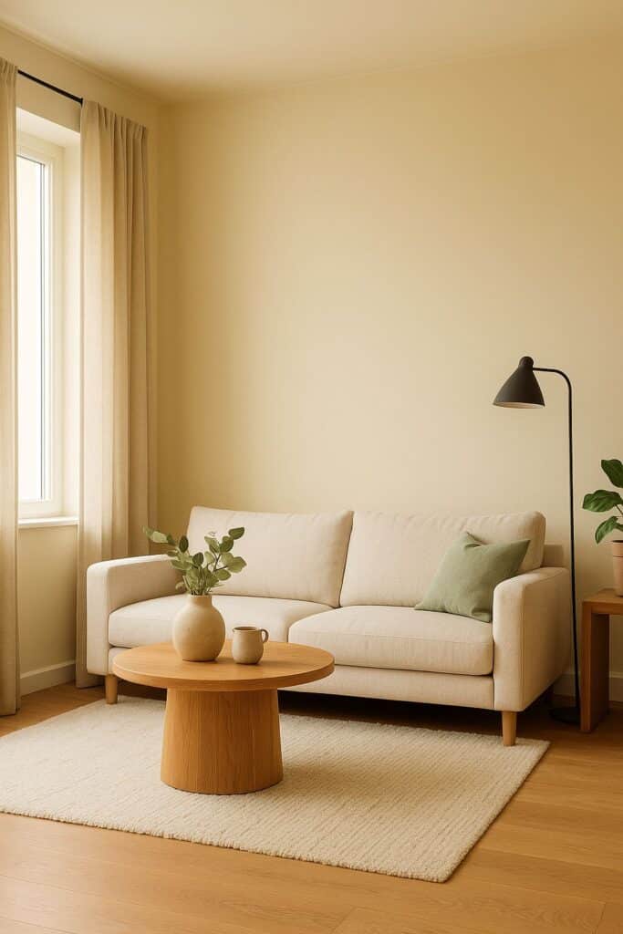 Salon w stylu modern organic w kolorze jaśminowym