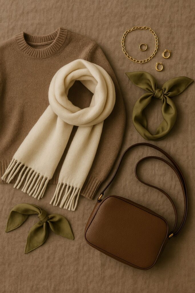 Stylizacja flat lay w kolorze truflowym z dodatkami w kremie, oliwce i złocie