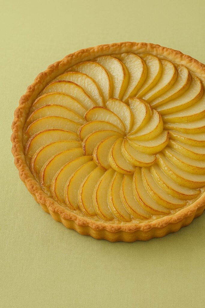 tarta z gruszkami na jasnym, gruszkowym obrusie